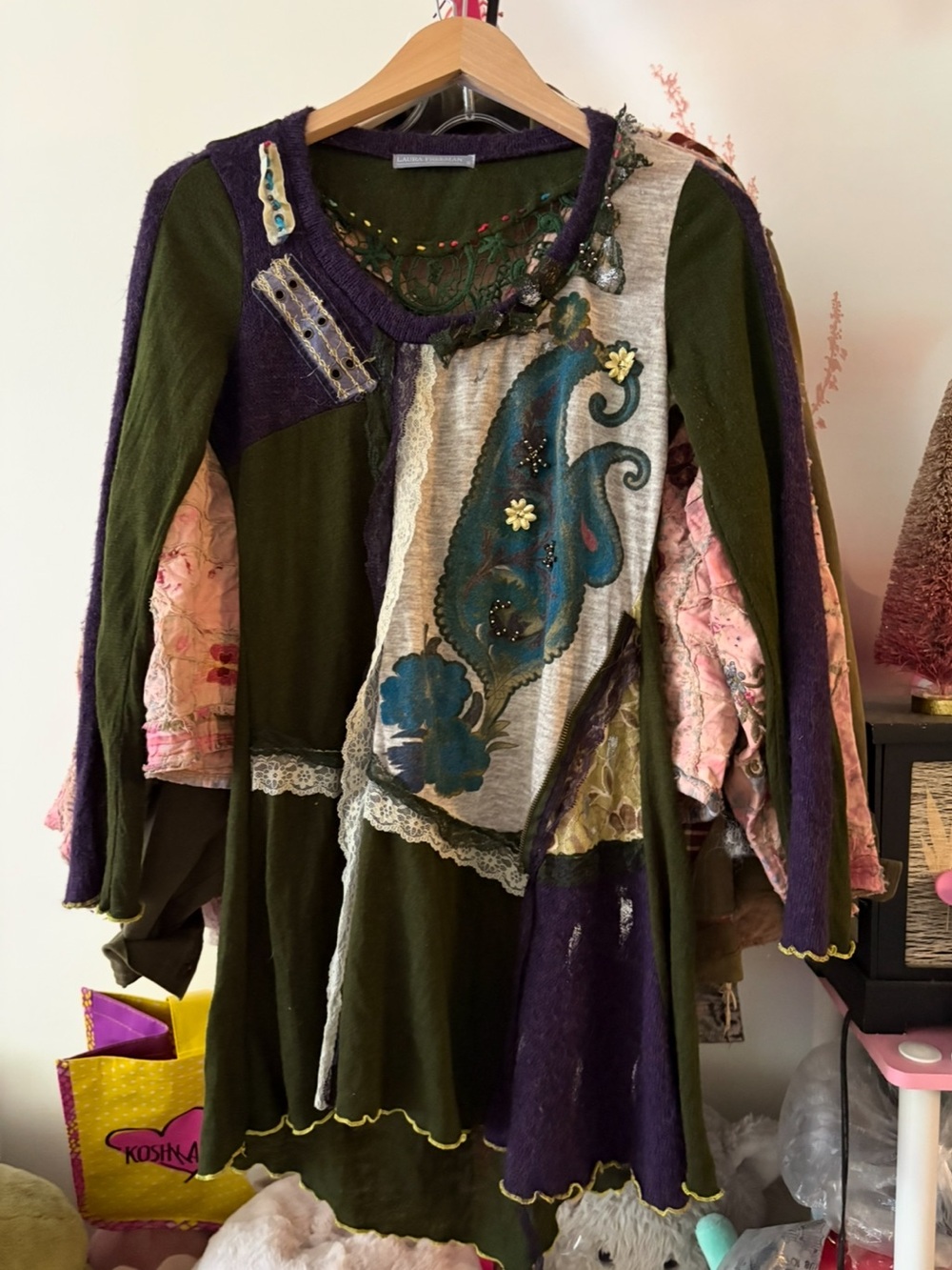Laura Freeman Boho Patchwork Long Sleeve crochet in Olive Green & Purple